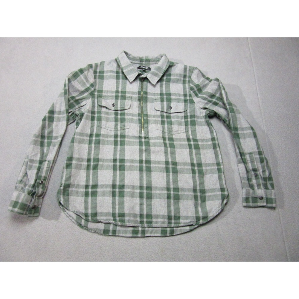 Madewell Shirt Womens Large Green Washburn Plaid Flannel Popover Quarter Zip
